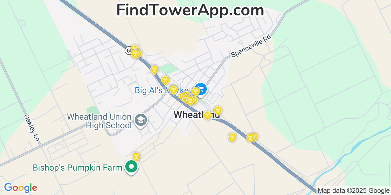 Map showing the 20 primary cell tower locations detected in Wheatland, California from AT&T, Verizon, and T-Mobile networks