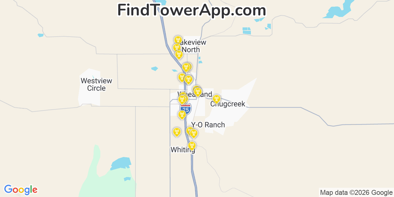 Map showing the 20 primary cell tower locations detected in Wheatland, Wyoming from AT&T, Verizon, and T-Mobile networks