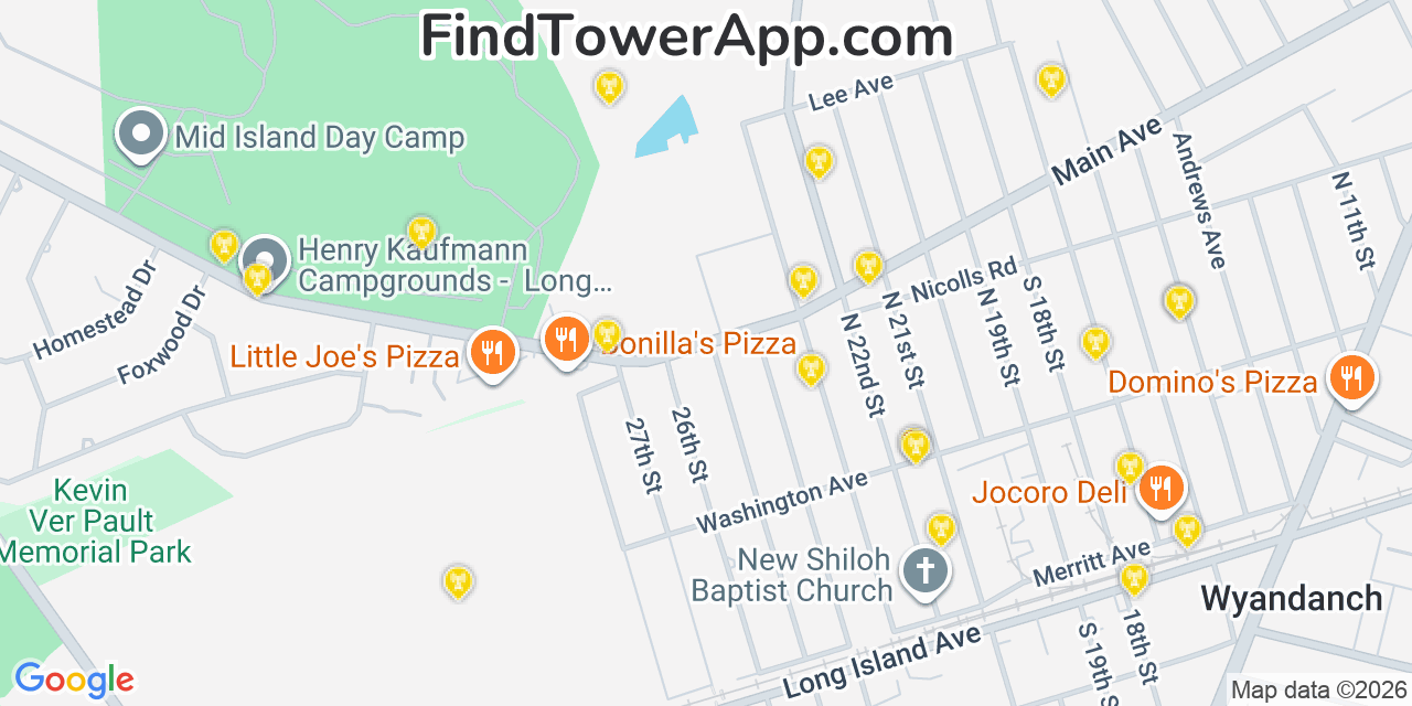Map showing the 20 primary cell tower locations detected in Wheatley Heights, New York from AT&T, Verizon, and T-Mobile networks
