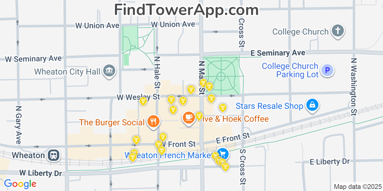Map showing the 20 primary cell tower locations detected in Wheaton, Illinois from AT&T, Verizon, and T-Mobile networks