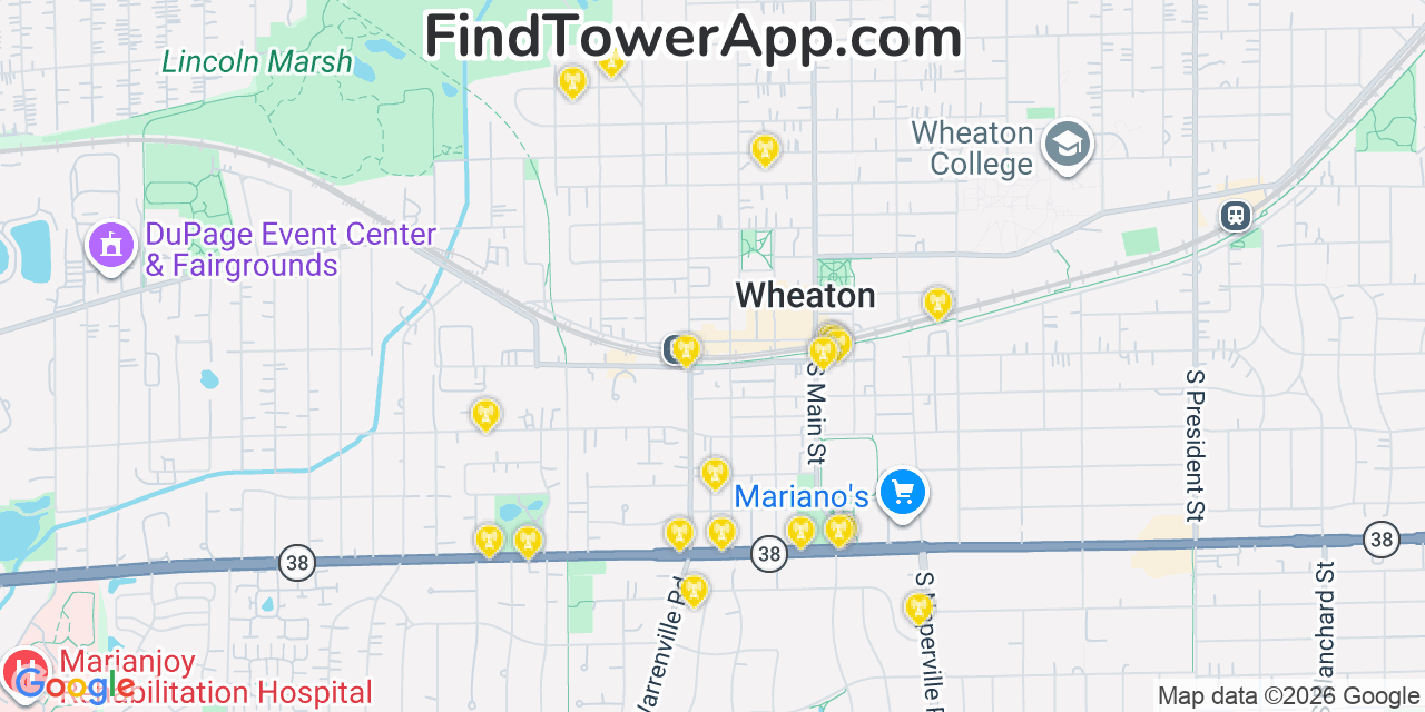 Map showing the 20 primary cell tower locations detected in Wheaton, Illinois from AT&T, Verizon, and T-Mobile networks