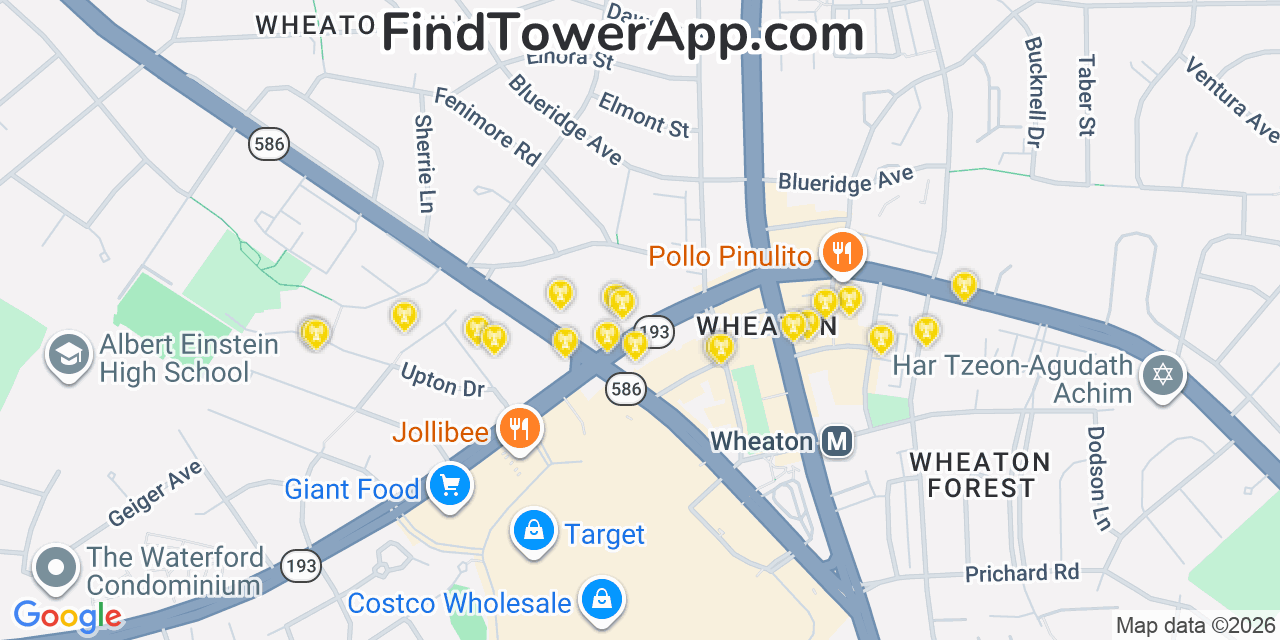 Map showing the 20 primary cell tower locations detected in Wheaton, Maryland from AT&T, Verizon, and T-Mobile networks