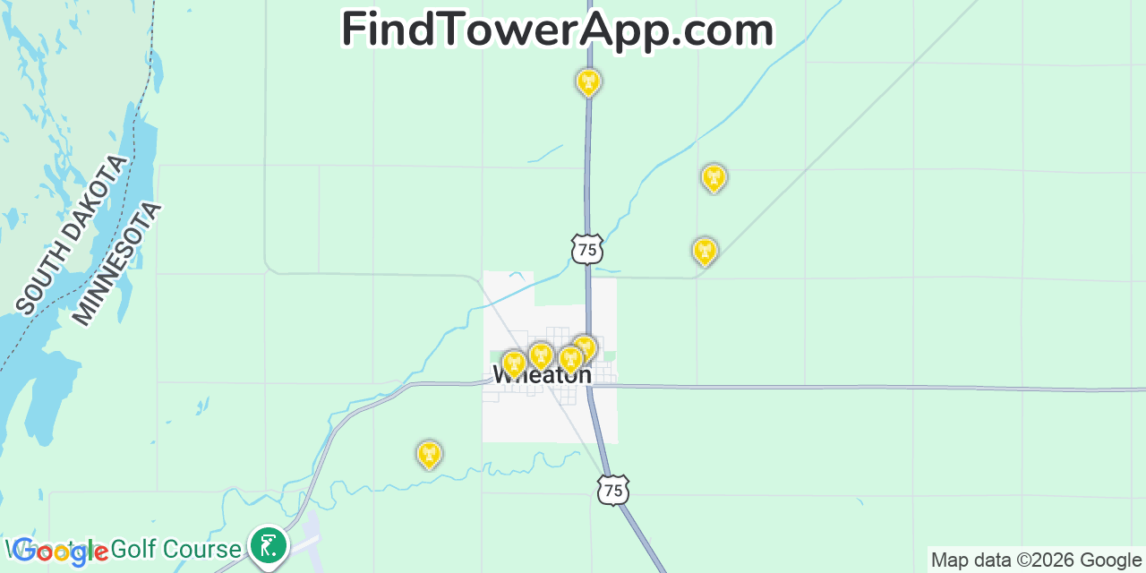 Map showing the 20 primary cell tower locations detected in Wheaton, Minnesota from AT&T, Verizon, and T-Mobile networks
