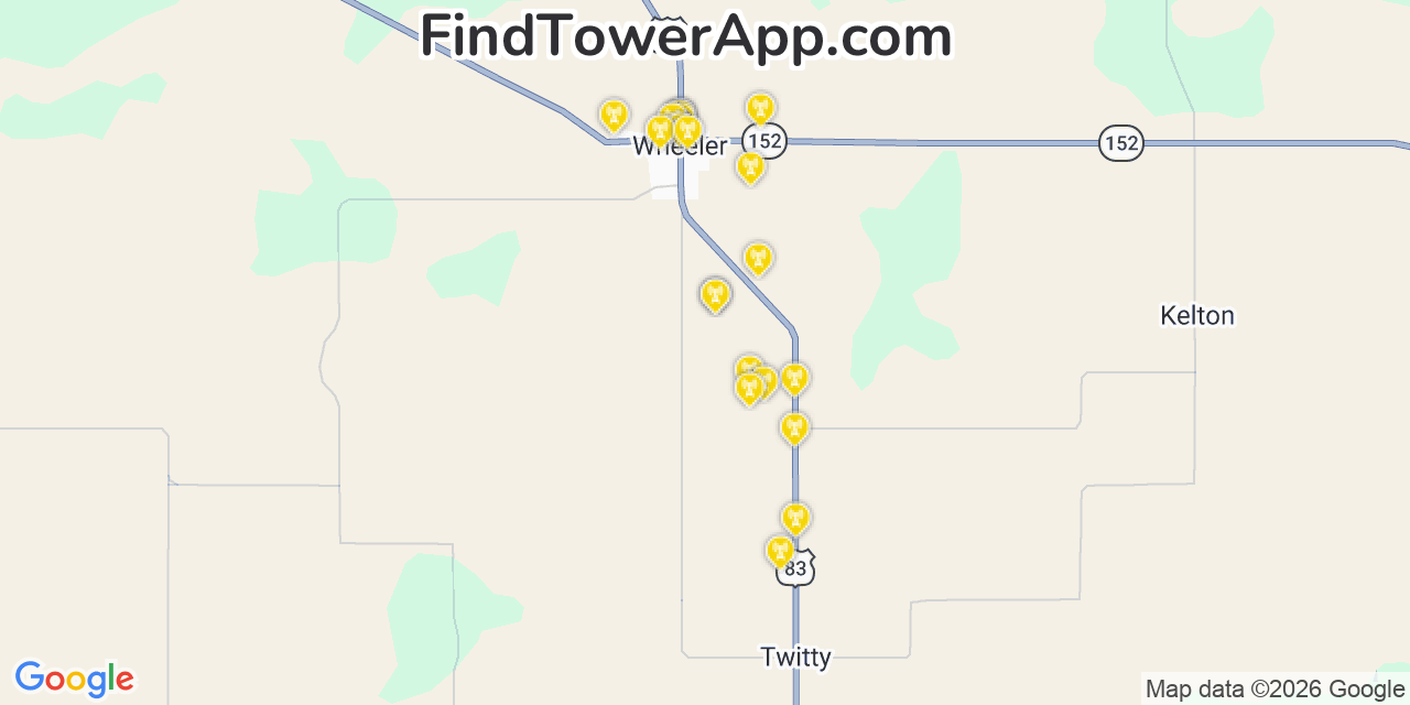 Map showing the 20 primary cell tower locations detected in Wheeler, Texas from AT&T, Verizon, and T-Mobile networks
