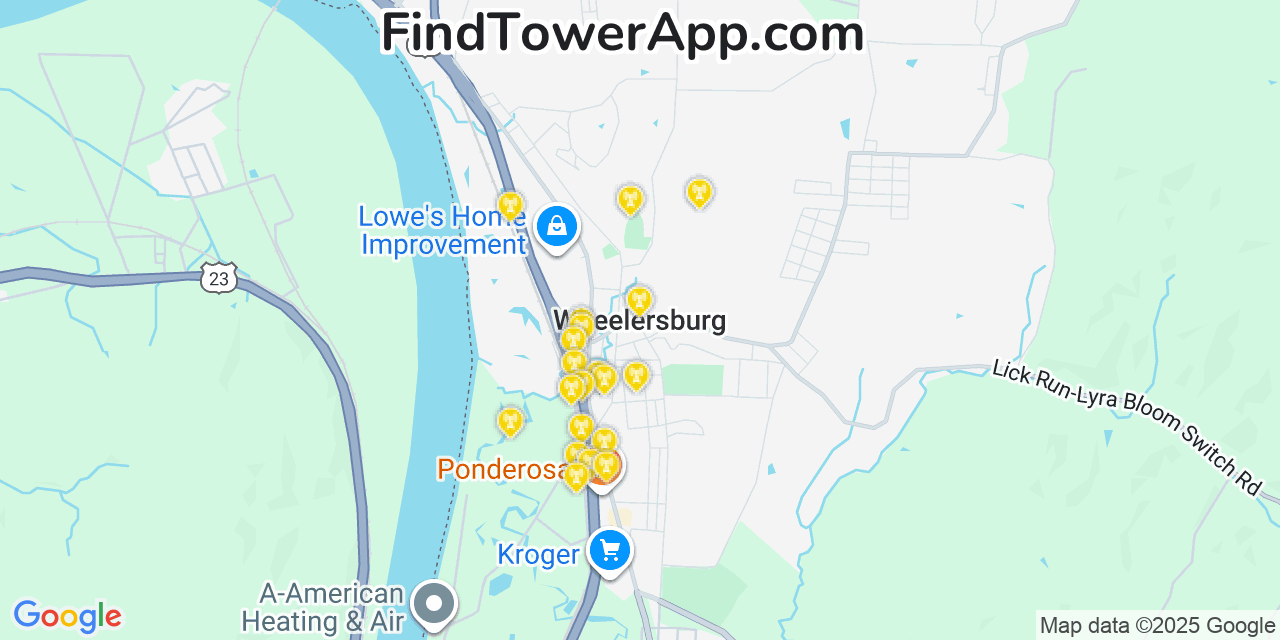 Map showing the 20 primary cell tower locations detected in Wheelersburg, Ohio from AT&T, Verizon, and T-Mobile networks