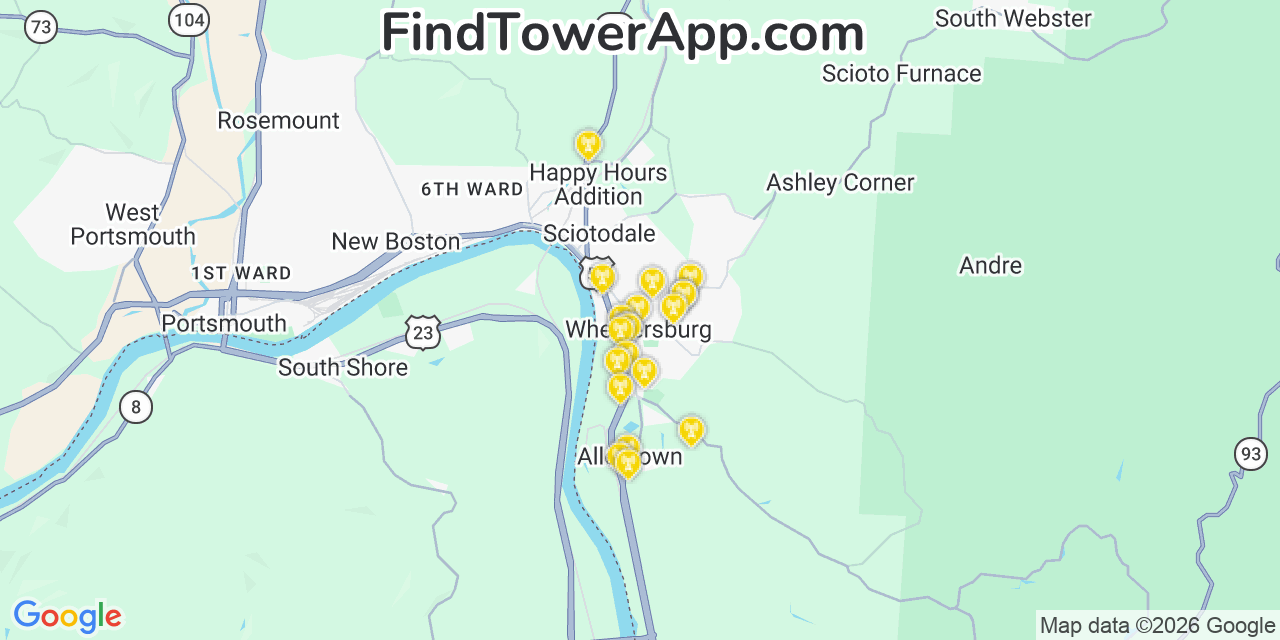 Map showing the 20 primary cell tower locations detected in Wheelersburg, Ohio from AT&T, Verizon, and T-Mobile networks