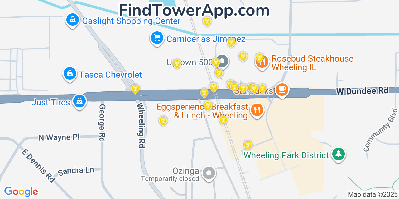 Map showing the 20 primary cell tower locations detected in Wheeling, Illinois from AT&T, Verizon, and T-Mobile networks