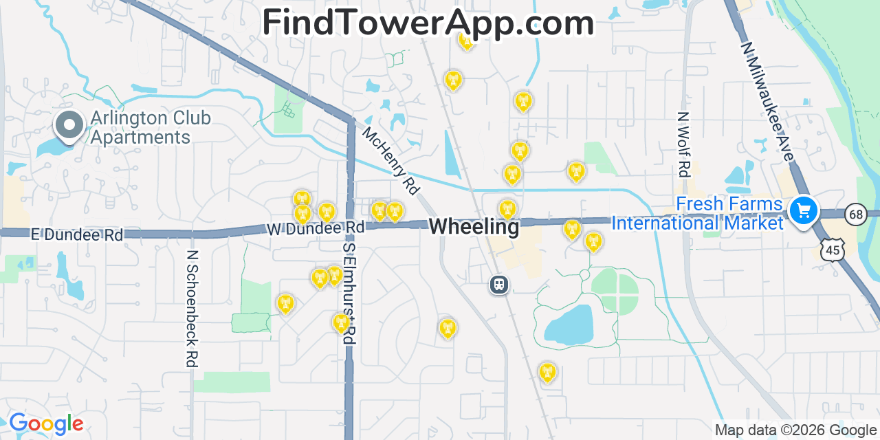 Map showing the 20 primary cell tower locations detected in Wheeling, Illinois from AT&T, Verizon, and T-Mobile networks