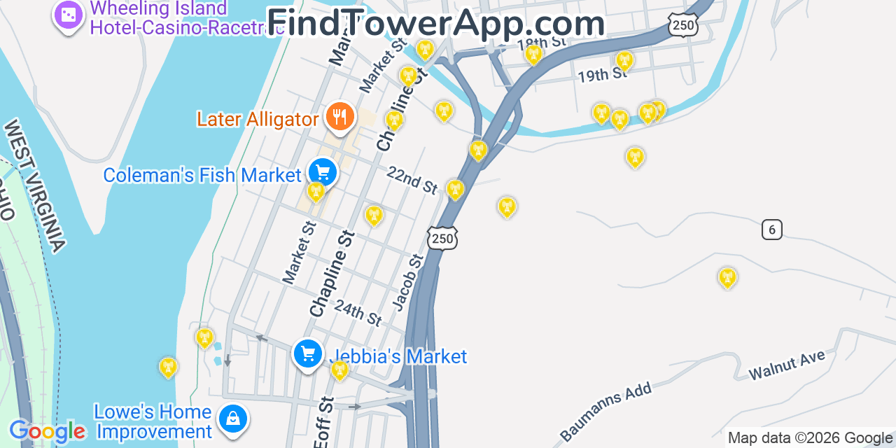 Map showing the 20 primary cell tower locations detected in Wheeling, West Virginia from AT&T, Verizon, and T-Mobile networks
