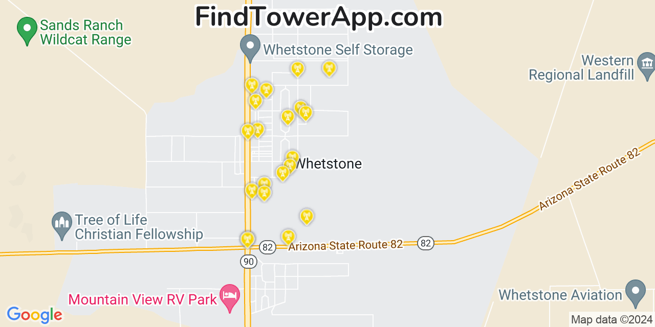 AT&T 4G/5G cell tower coverage map Whetstone, Arizona | FindTowerApp.com