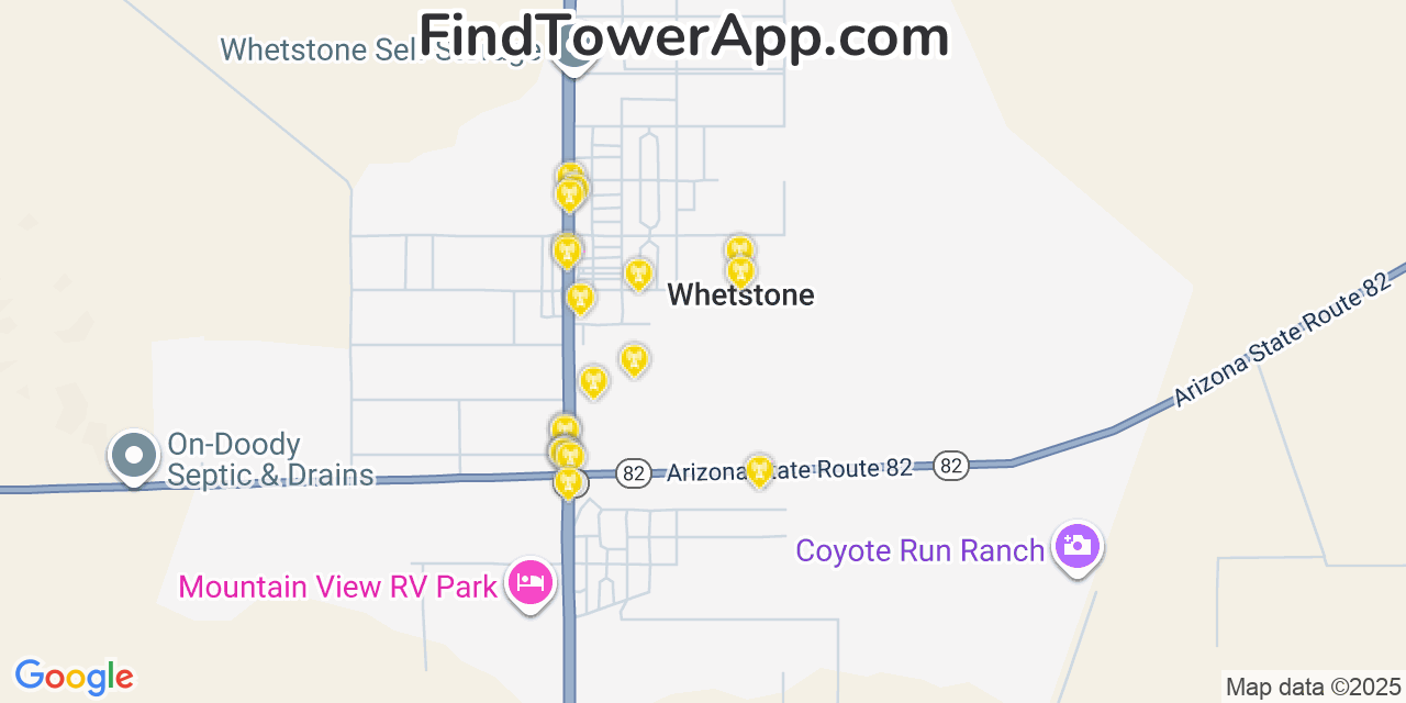Map showing the 20 primary cell tower locations detected in Whetstone, Arizona from AT&T, Verizon, and T-Mobile networks