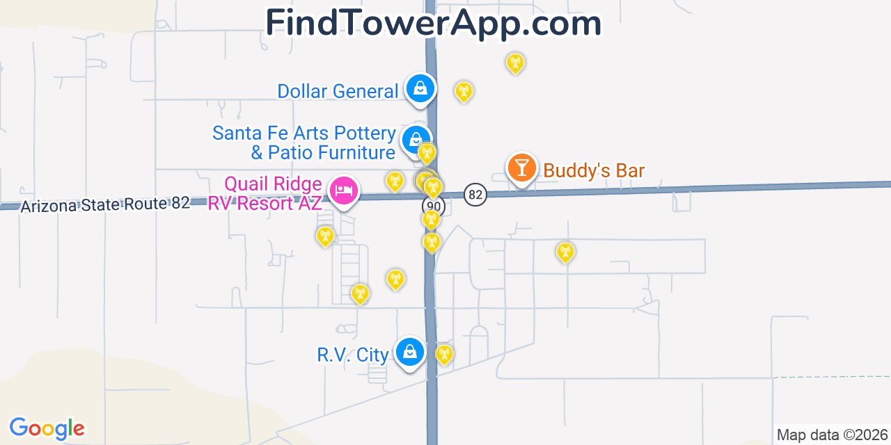 Map showing the 20 primary cell tower locations detected in Whetstone, Arizona from AT&T, Verizon, and T-Mobile networks