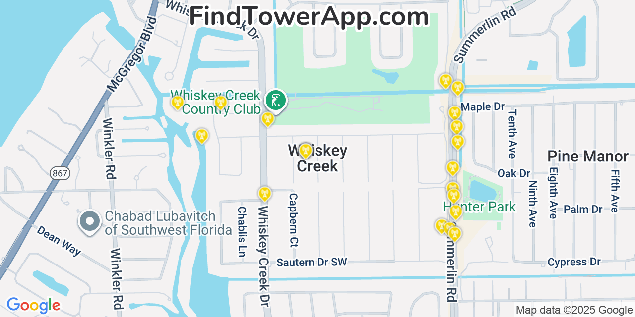 Map showing the 20 primary cell tower locations detected in Whiskey Creek, Florida from AT&T, Verizon, and T-Mobile networks