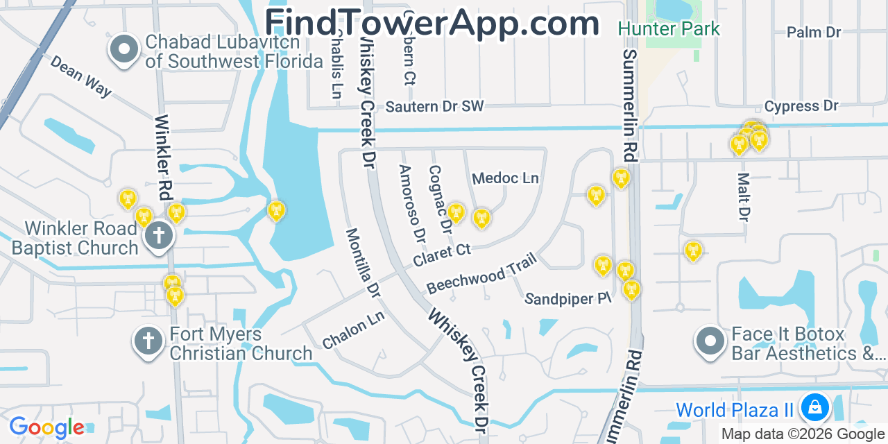 Map showing the 20 primary cell tower locations detected in Whiskey Creek, Florida from AT&T, Verizon, and T-Mobile networks