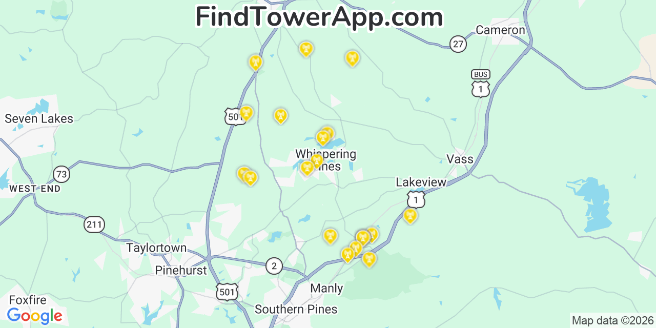 Map showing the 20 primary cell tower locations detected in Whispering Pines, North Carolina from AT&T, Verizon, and T-Mobile networks