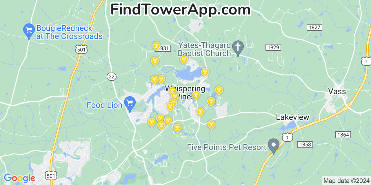 Verizon 4G/5G cell tower coverage map Whispering Pines, North Carolina