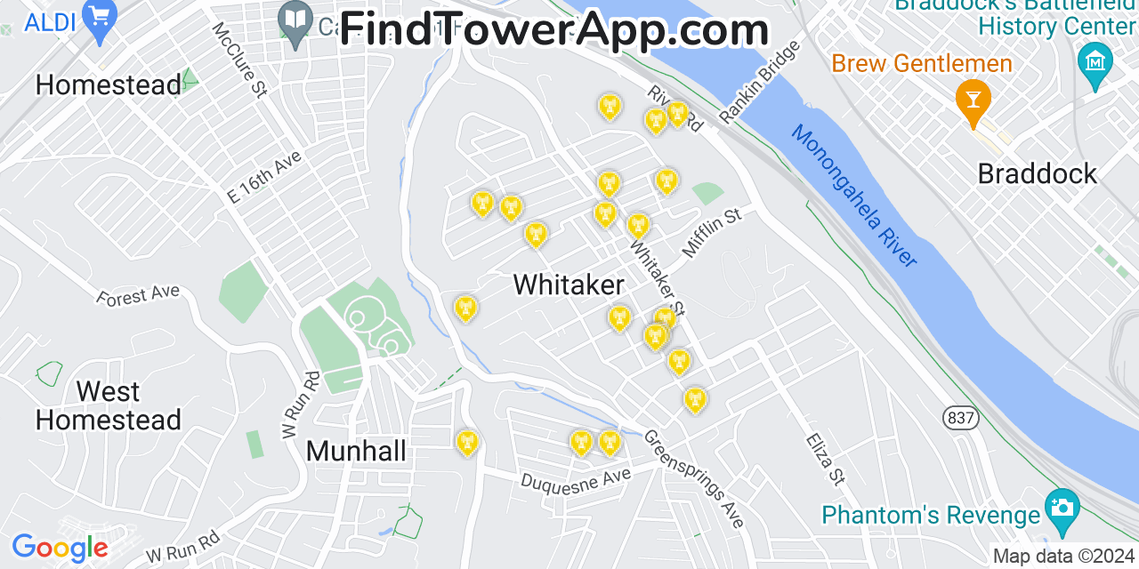 AT&T 4G/5G cell tower coverage map Whitaker, Pennsylvania