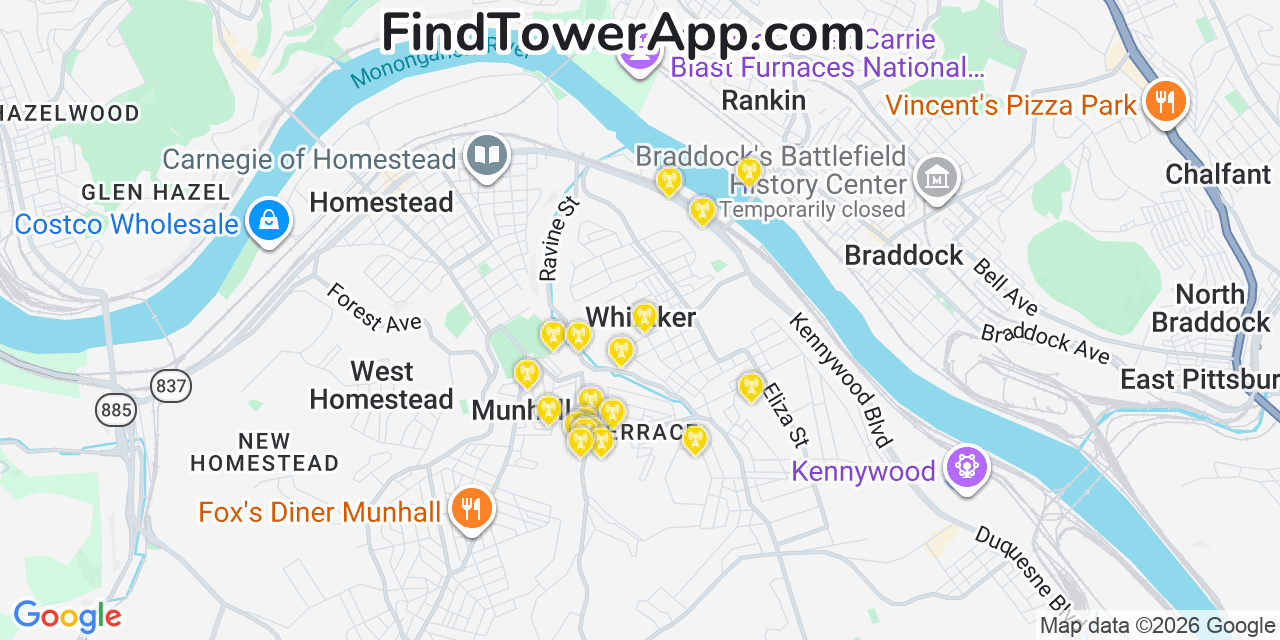 Map showing the 20 primary cell tower locations detected in Whitaker, Pennsylvania from AT&T, Verizon, and T-Mobile networks