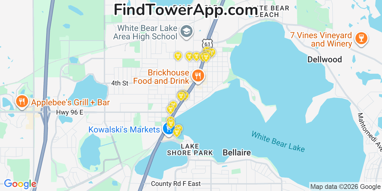 Map showing the 20 primary cell tower locations detected in White Bear Lake, Minnesota from AT&T, Verizon, and T-Mobile networks