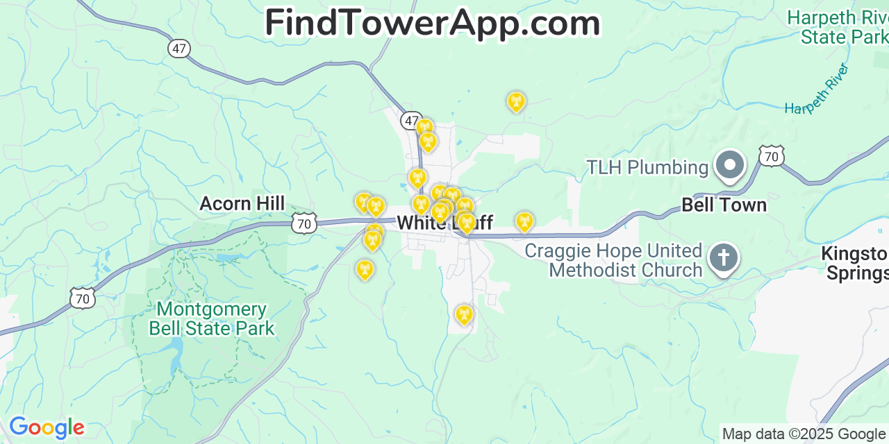 Map showing the 20 primary cell tower locations detected in White Bluff, Tennessee from AT&T, Verizon, and T-Mobile networks