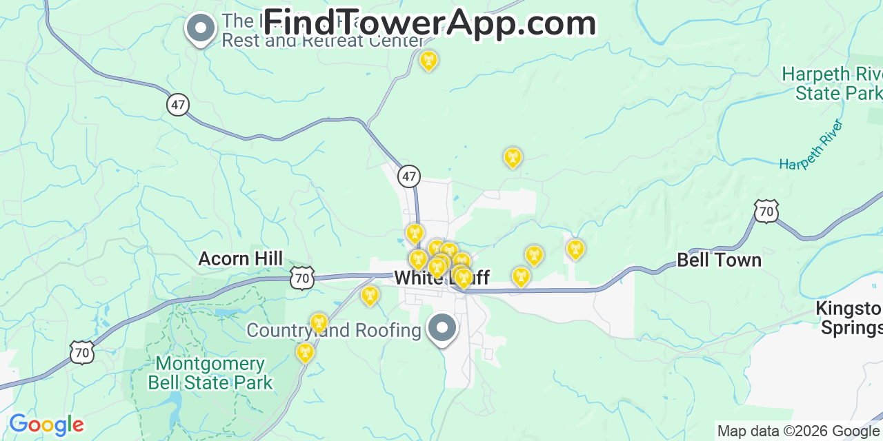 Map showing the 20 primary cell tower locations detected in White Bluff, Tennessee from AT&T, Verizon, and T-Mobile networks