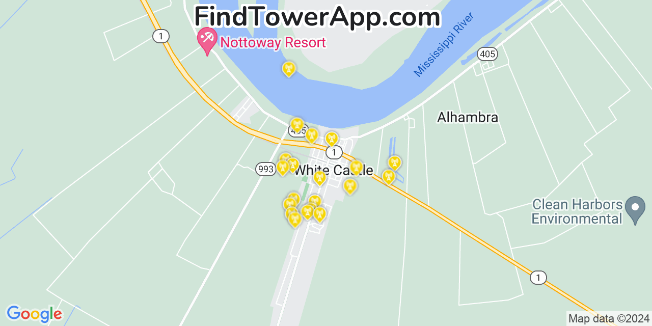 AT&T 4G/5G cell tower coverage map White Castle, Louisiana