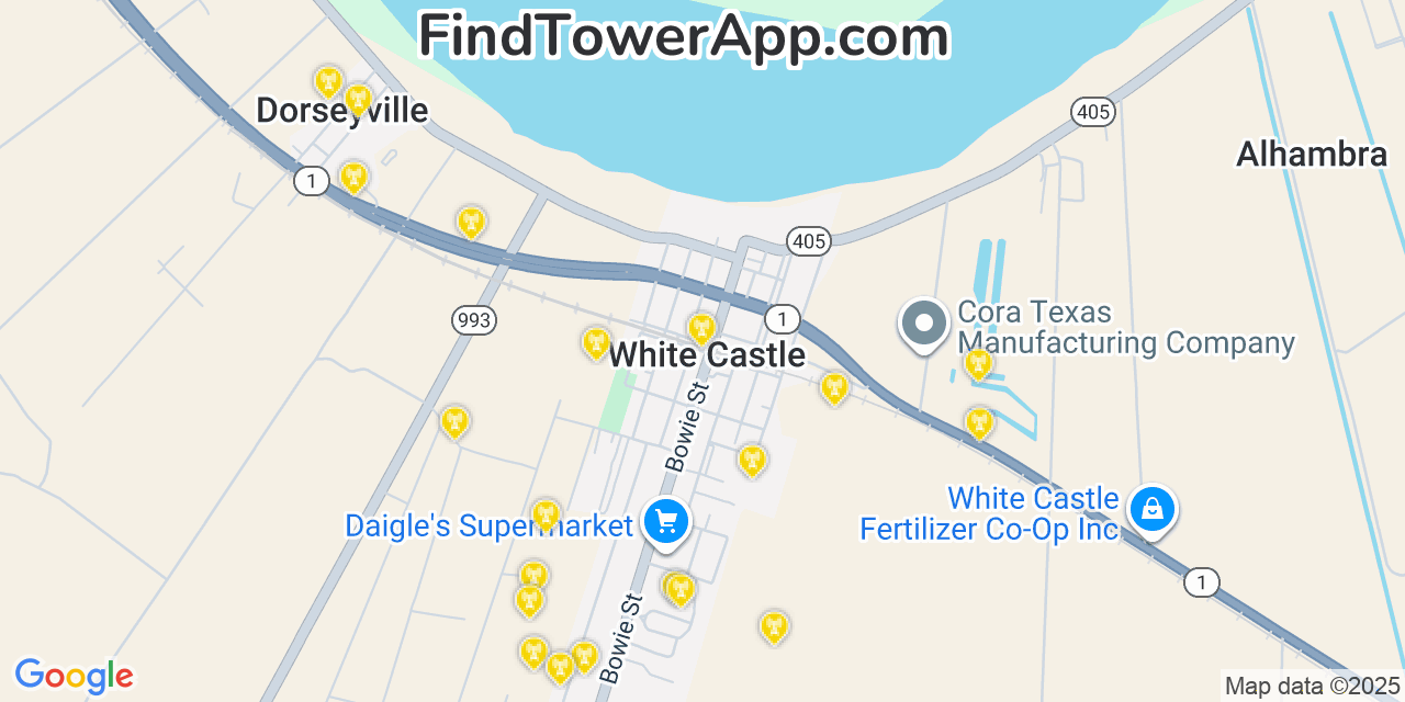 Map showing the 20 primary cell tower locations detected in White Castle, Louisiana from AT&T, Verizon, and T-Mobile networks