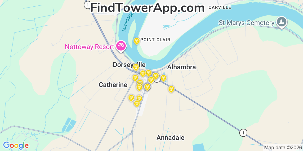 Map showing the 20 primary cell tower locations detected in White Castle, Louisiana from AT&T, Verizon, and T-Mobile networks