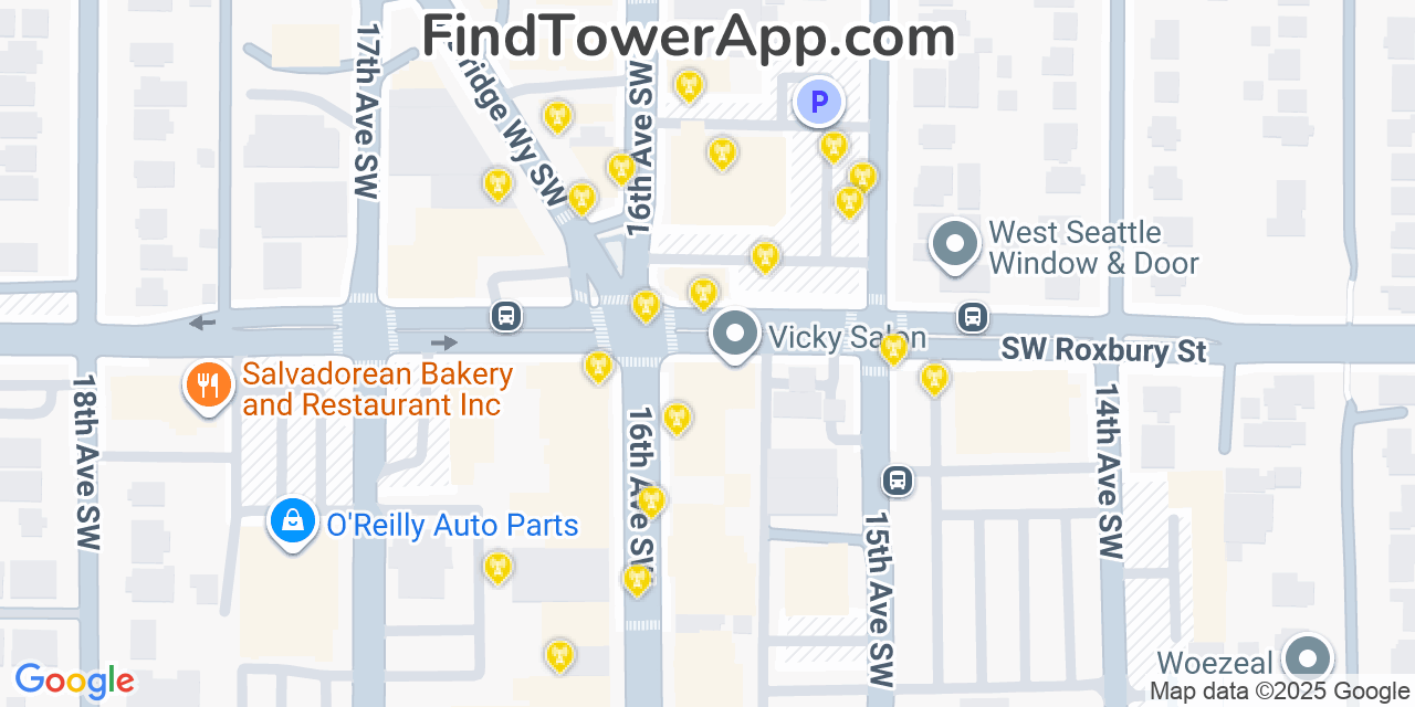Map showing the 20 primary cell tower locations detected in White Center, Washington from AT&T, Verizon, and T-Mobile networks