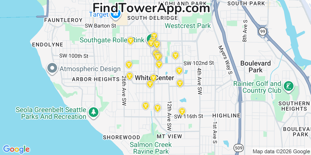 Map showing the 20 primary cell tower locations detected in White Center, Washington from AT&T, Verizon, and T-Mobile networks