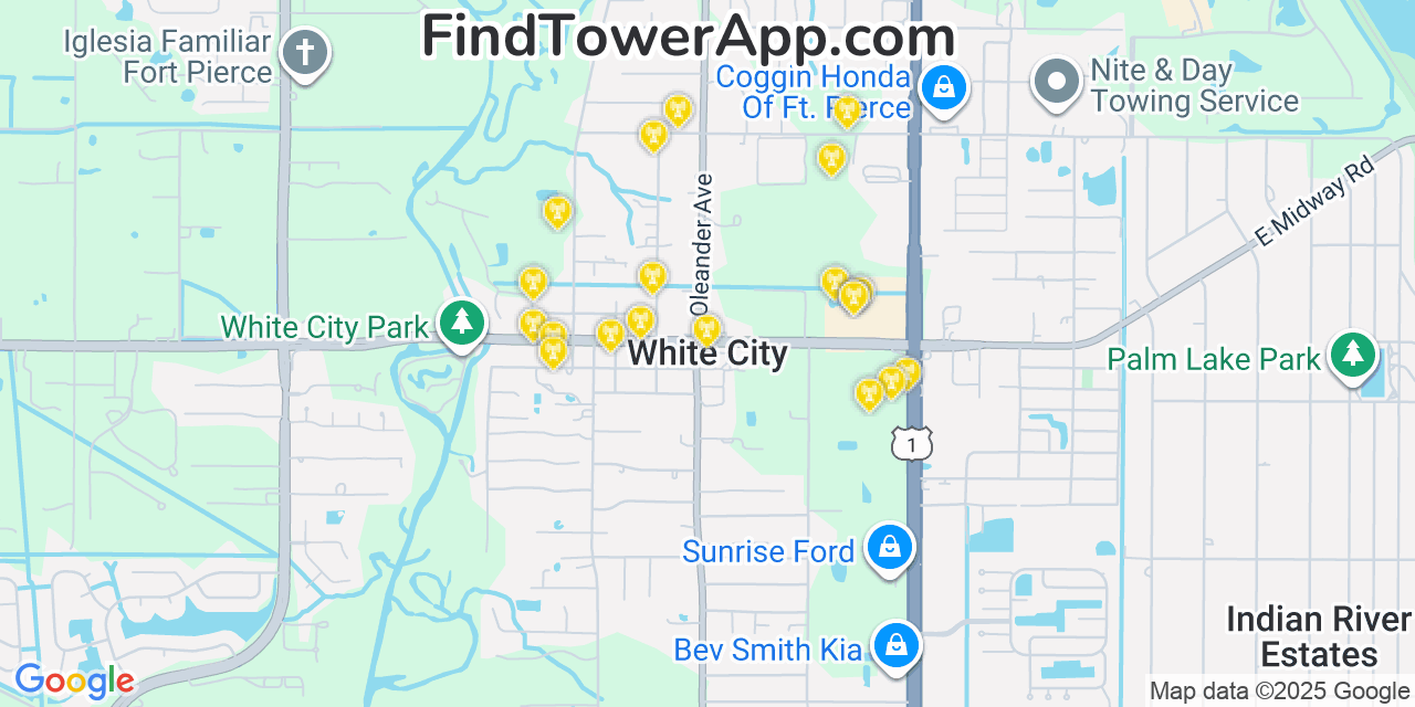 Map showing the 20 primary cell tower locations detected in White City, Florida from AT&T, Verizon, and T-Mobile networks