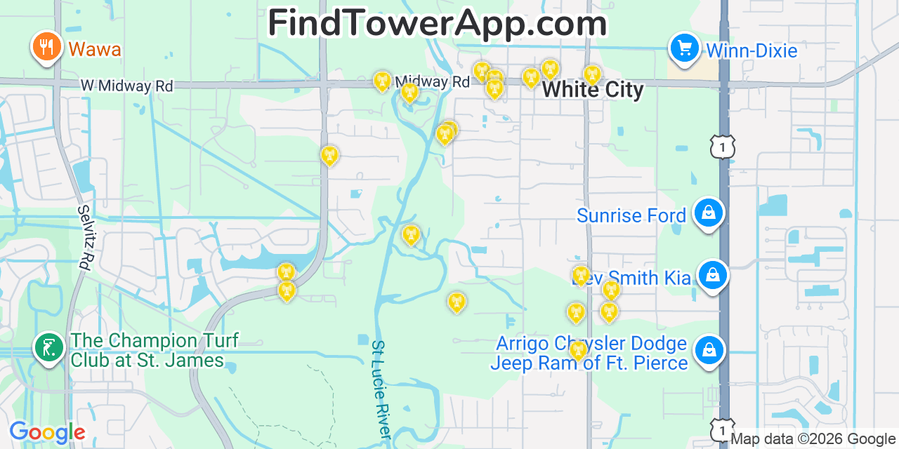Map showing the 20 primary cell tower locations detected in White City, Florida from AT&T, Verizon, and T-Mobile networks
