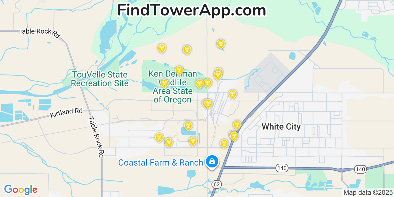 Map showing the 20 primary cell tower locations detected in White City, Oregon from AT&T, Verizon, and T-Mobile networks