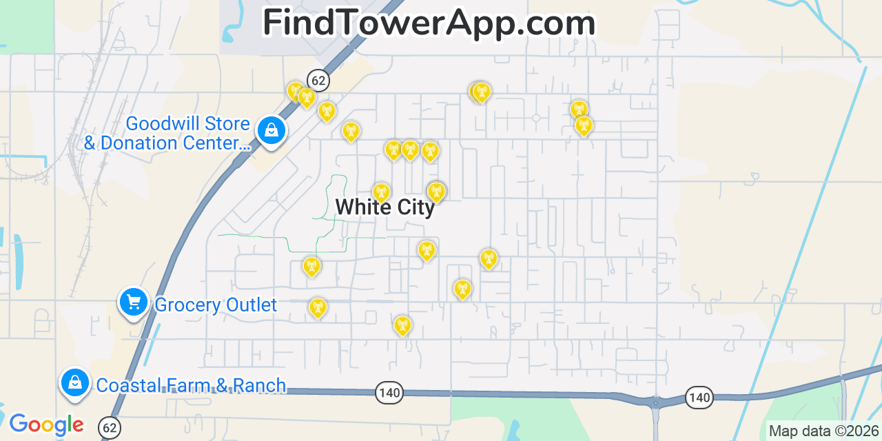 Map showing the 20 primary cell tower locations detected in White City, Oregon from AT&T, Verizon, and T-Mobile networks