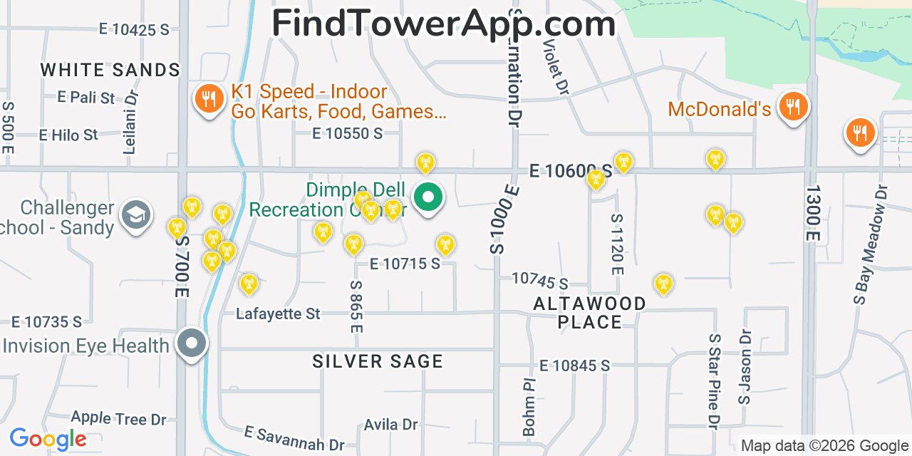 Map showing the 20 primary cell tower locations detected in White City, Utah from AT&T, Verizon, and T-Mobile networks
