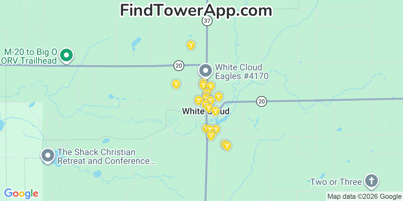 Map showing the 20 primary cell tower locations detected in White Cloud, Michigan from AT&T, Verizon, and T-Mobile networks