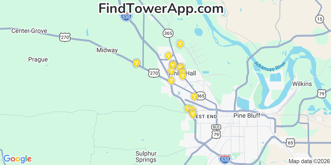 Map showing the 20 primary cell tower locations detected in White Hall, Arkansas from AT&T, Verizon, and T-Mobile networks