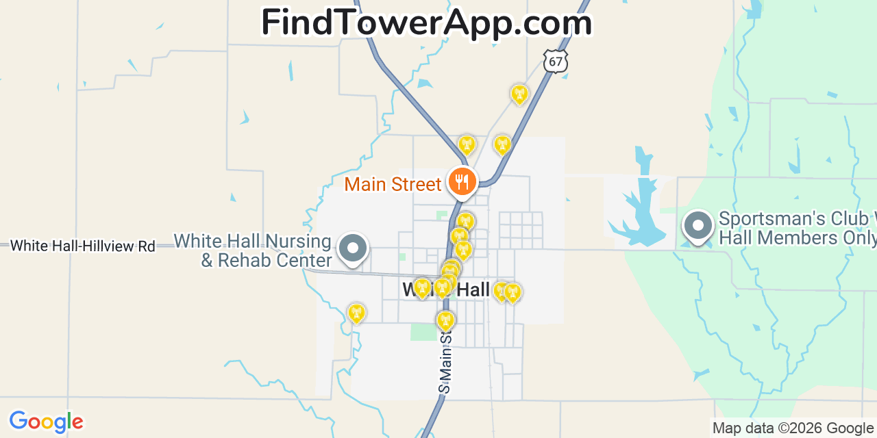 Map showing the 20 primary cell tower locations detected in White Hall, Illinois from AT&T, Verizon, and T-Mobile networks