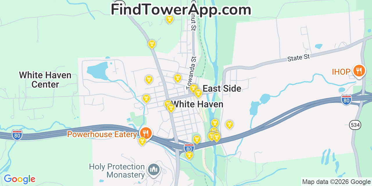 Map showing the 20 primary cell tower locations detected in White Haven, Pennsylvania from AT&T, Verizon, and T-Mobile networks