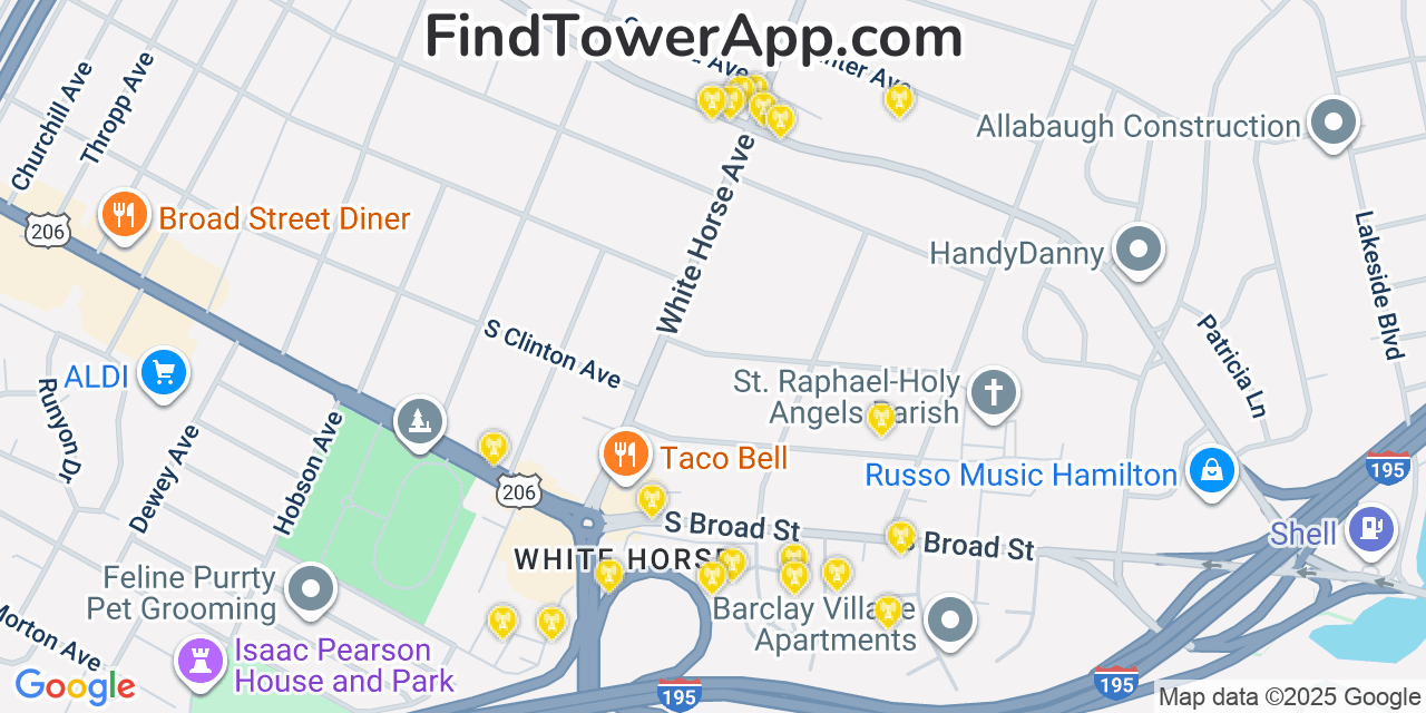 Map showing the 20 primary cell tower locations detected in White Horse, New Jersey from AT&T, Verizon, and T-Mobile networks