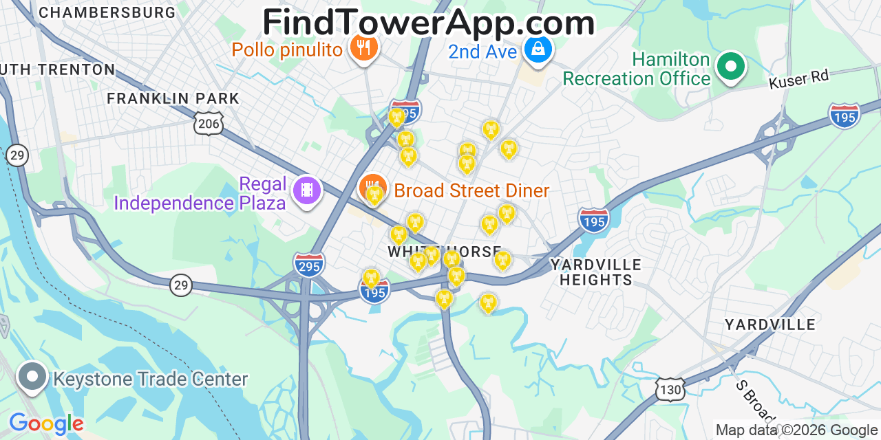Map showing the 20 primary cell tower locations detected in White Horse, New Jersey from AT&T, Verizon, and T-Mobile networks