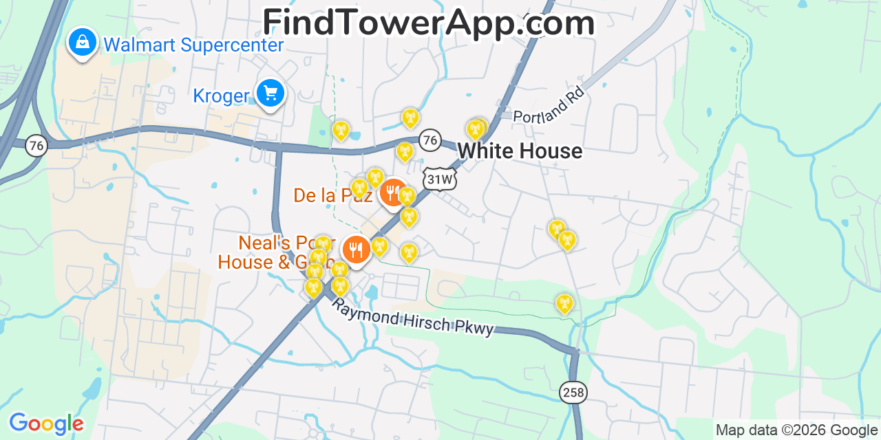 Map showing the 20 primary cell tower locations detected in White House, Tennessee from AT&T, Verizon, and T-Mobile networks