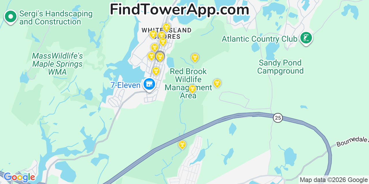 Map showing the 20 primary cell tower locations detected in White Island Shores, Massachusetts from AT&T, Verizon, and T-Mobile networks