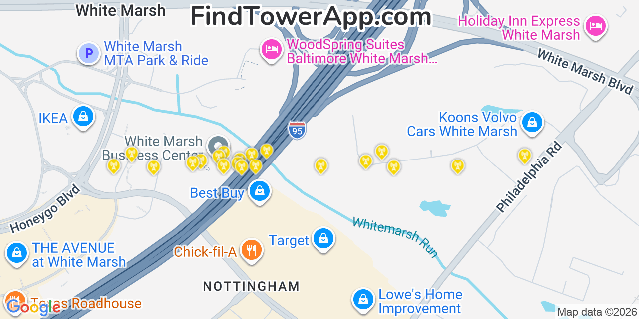 Map showing the 20 primary cell tower locations detected in White Marsh, Maryland from AT&T, Verizon, and T-Mobile networks