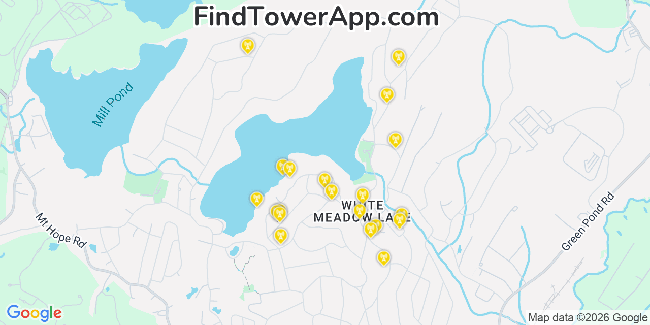 Map showing the 20 primary cell tower locations detected in White Meadow Lake, New Jersey from AT&T, Verizon, and T-Mobile networks