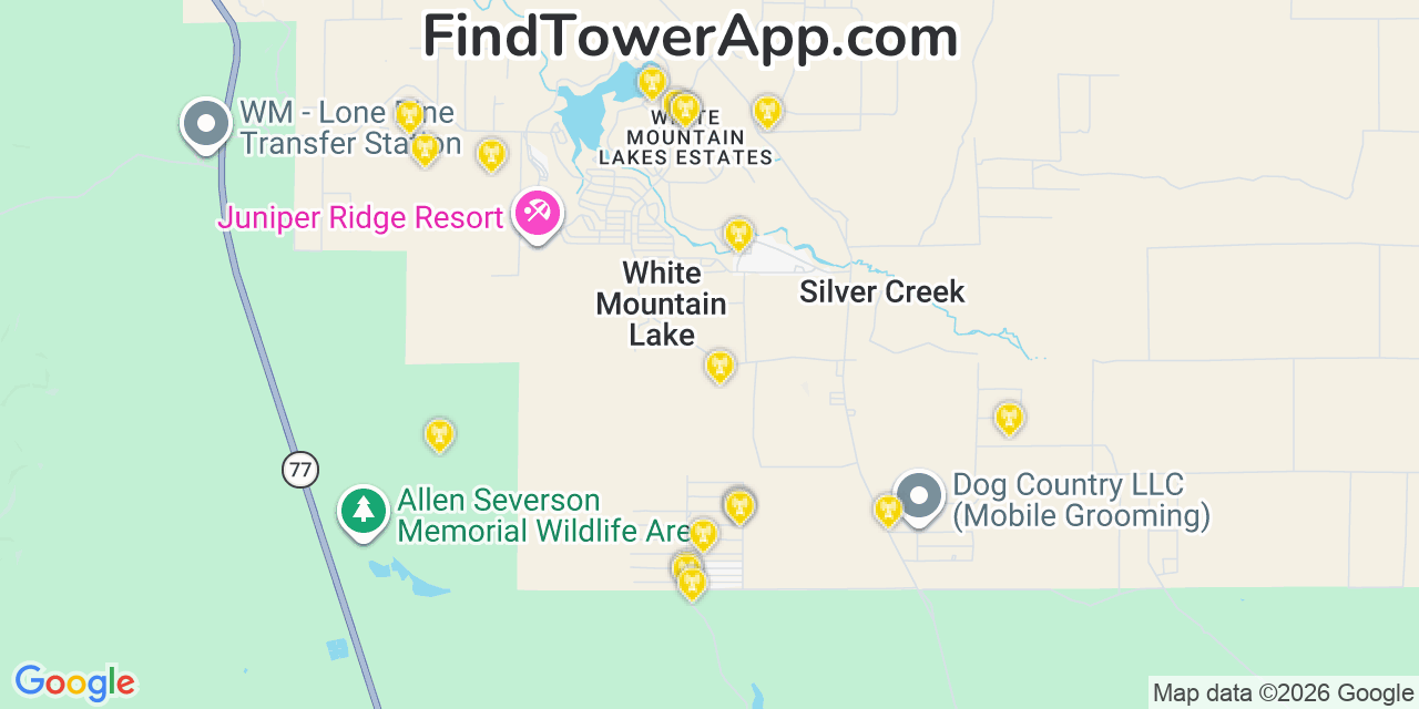 Map showing the 20 primary cell tower locations detected in White Mountain Lake, Arizona from AT&T, Verizon, and T-Mobile networks