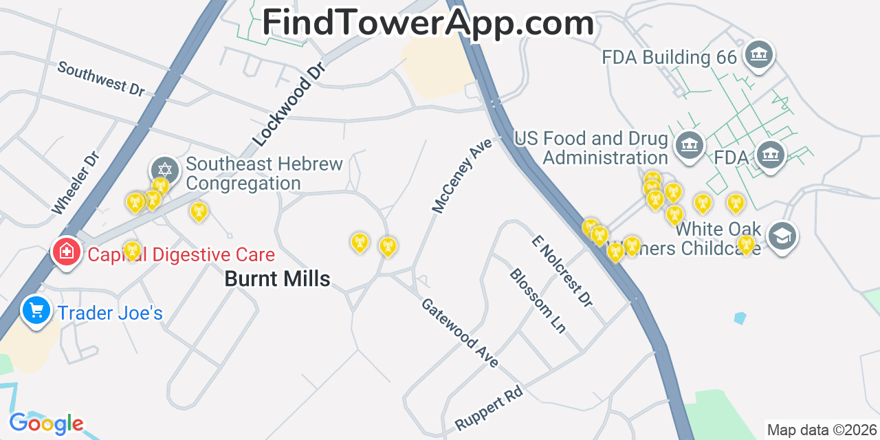 Map showing the 20 primary cell tower locations detected in White Oak, Maryland from AT&T, Verizon, and T-Mobile networks