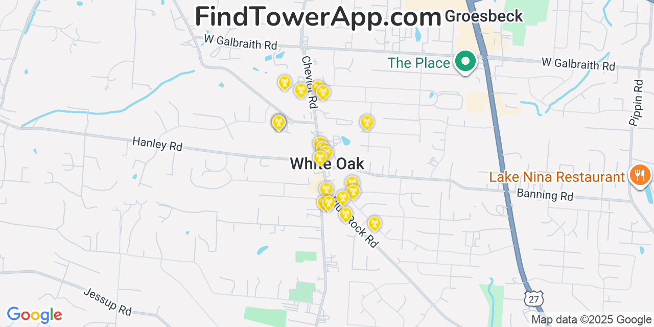 Map showing the 20 primary cell tower locations detected in White Oak, Ohio from AT&T, Verizon, and T-Mobile networks