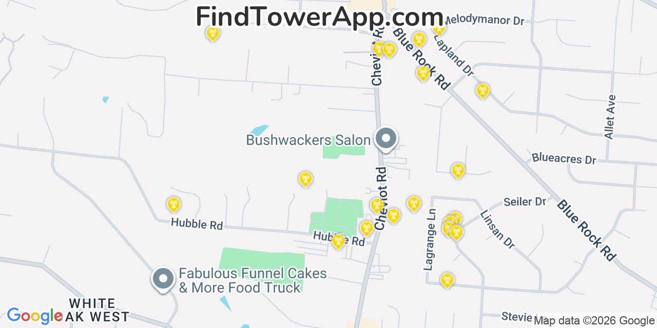 Map showing the 20 primary cell tower locations detected in White Oak, Ohio from AT&T, Verizon, and T-Mobile networks