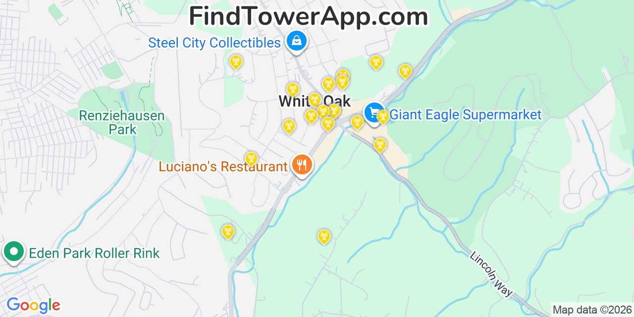 Map showing the 20 primary cell tower locations detected in White Oak, Pennsylvania from AT&T, Verizon, and T-Mobile networks